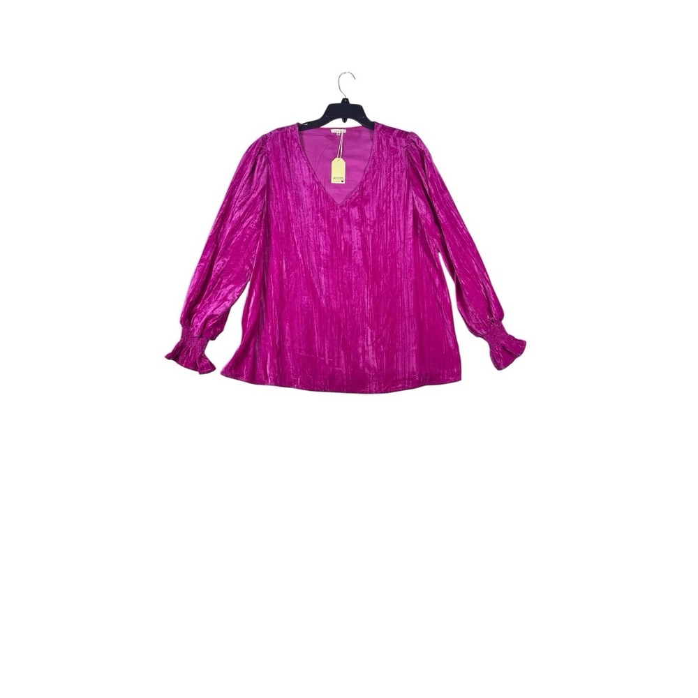 Jodifl Women's 1X Hot Pink Velvet Crinkle Blouse Puff Sleeve V Neck Boutique Top